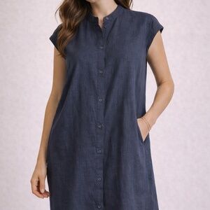 Eileen Fisher Linen Button Front Dress | Cap Sleeve Midi Shift | Navy | Size XL